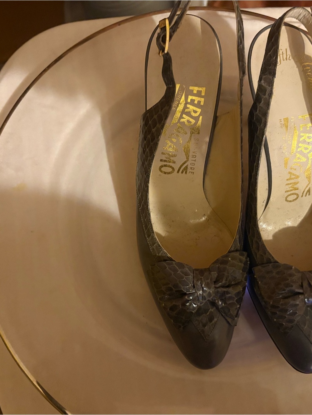 Salvatore Ferragamo Brown Python-Texture Slingback Pumps with Bow